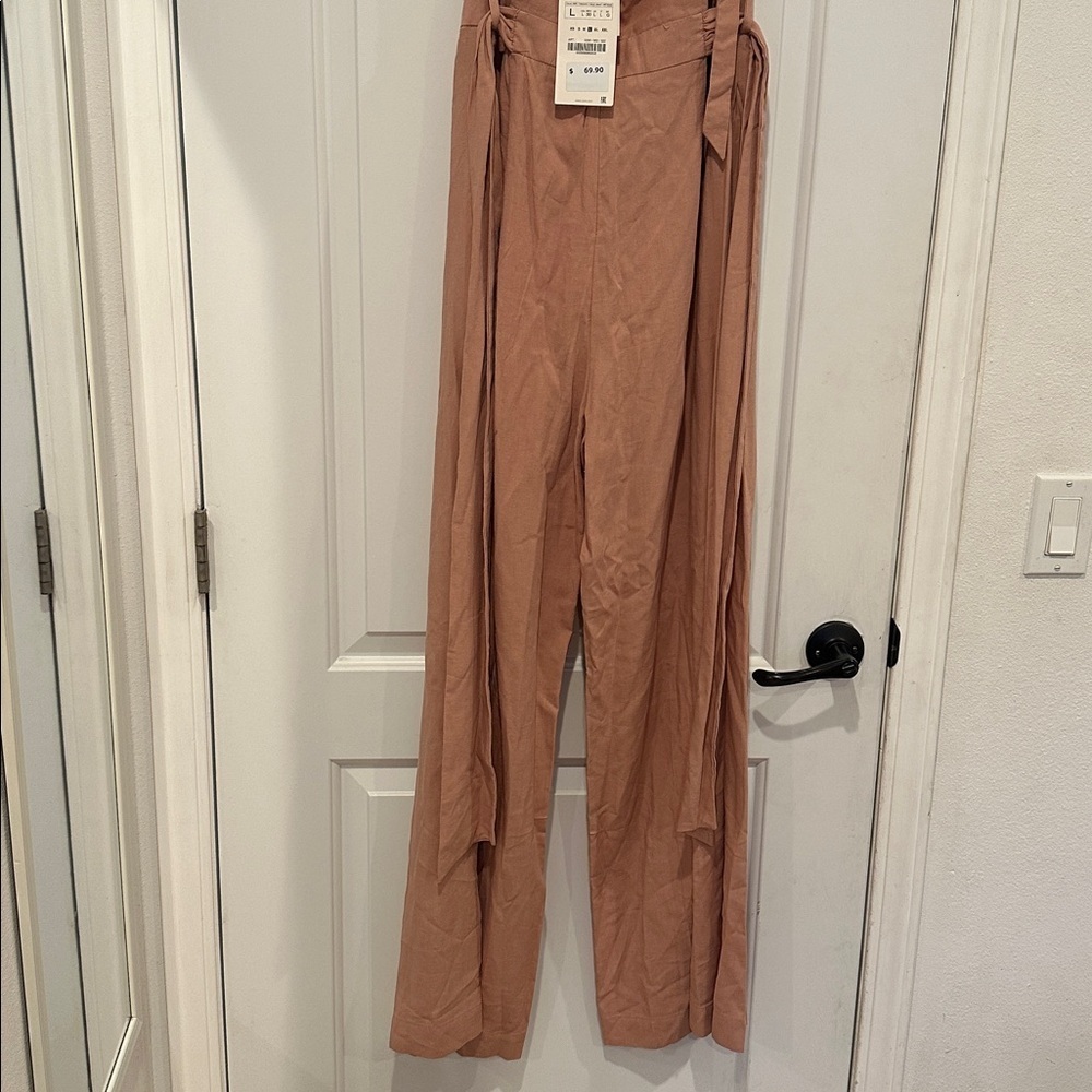 NWT Zara Mauve Viscose Linen Blend Wide Leg Sleeveless Halter Jumpsuit Pockets L - Picture 10 of 12